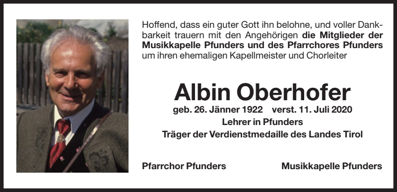 Albin-Oberhofer-Todesanzeige